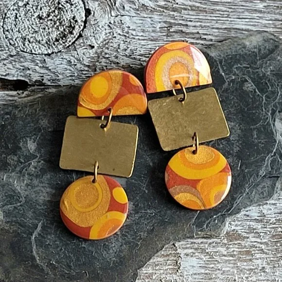 Handmade Retro Style Polymer Clay and Brass Drop Earrings - Picture 2 of 2